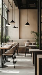 Obraz premium A modern restaurant with a dining table and chairs.