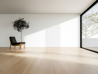Fototapeta premium Minimalist living room interior with tree and chair in natural light, clean white walls and wooden floor, ideal for modern architecture, Scandinavian design and peaceful indoor atmosphere