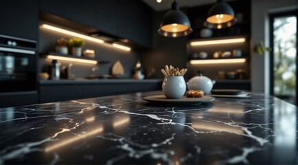Clean marble is prominent in the foreground, with a modern, minimalist kitchen faintly visible in the background.