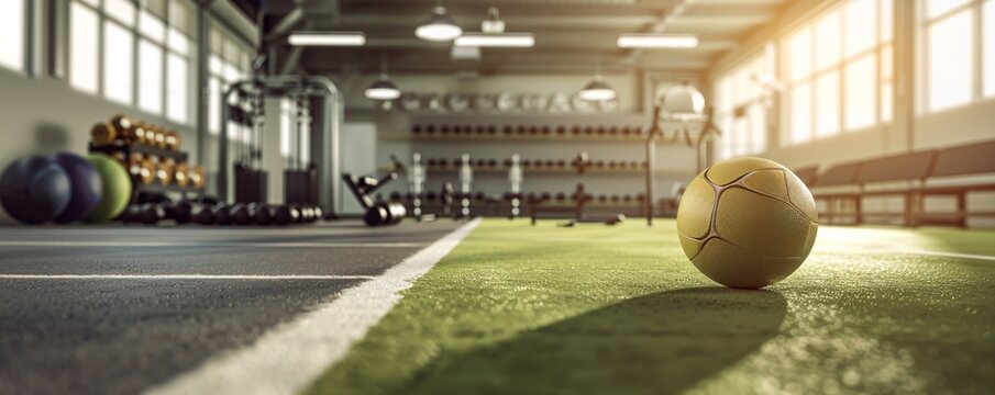 Yellow medicine ball lying on the green turf of a modern gym, bathed in warm sunlight