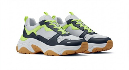 Stylish Grey and Navy Blue Chunky Sneakers with Neon Green Accents Casual Fashion Footwear