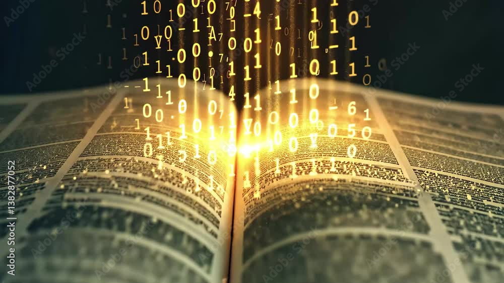 Poster an open book emits glowing binary code and particles, representing the blend of traditional knowledg