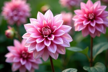 Soft focus dahlia blossoms, delicate petals, repeating motif, photography, macro