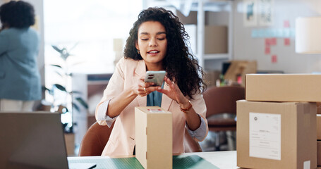 Scan, woman and phone for box in small business, logistics or startup for inventory, order or code in boutique. Picture, person or store owner with mobile for storage check, address or shipping cargo