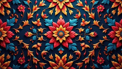 Intricate floral damask, rich deep colors, swirling pattern, vector, illustration