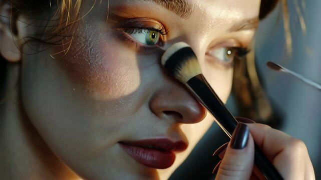 A woman with beautiful features enjoys a makeup session as an artist applies bronzer to her cheek with a brush, illuminated by soft, warm afternoon light.