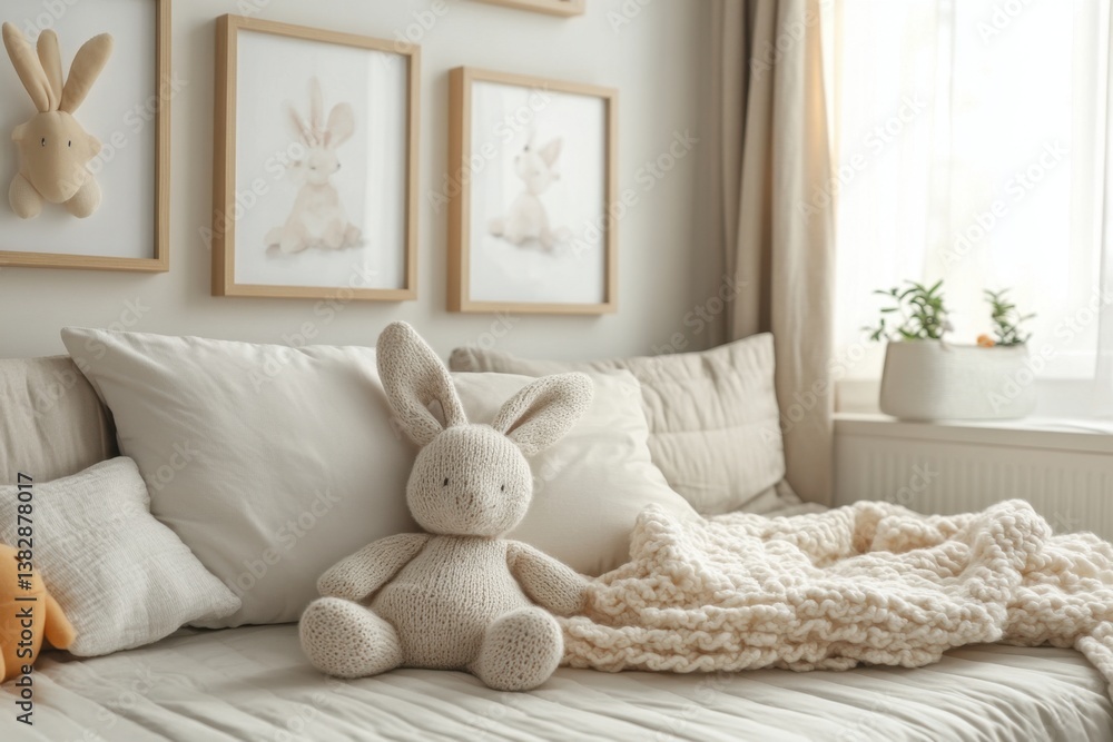 Aufkleber cozy nursery decor featuring a knitted bunny toy on a bed with soft pillows and framed rabbit prints