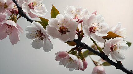 Pink spring cherry blossom flowers on a tree branch isolated against a flat background
