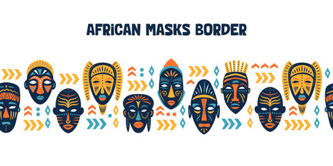 Seamless pattern of ritual masks. African ethnic tribes of various shapes. Border for banner, invitation, card.