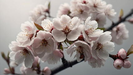 Pink spring cherry blossom flowers on a tree branch isolated against a flat background
