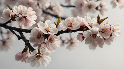 Pink spring cherry blossom flowers on a tree branch isolated against a flat background