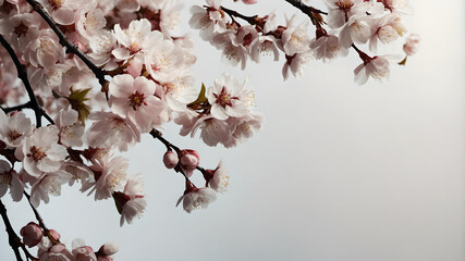 Pink spring cherry blossom flowers on a tree branch isolated against a flat background