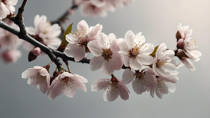 Pink spring cherry blossom flowers on a tree branch isolated against a flat background