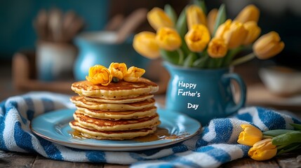 Detailed and vibrant depiction of a cheerful Father's Day breakfast scene featuring golden pancakes, fresh spring flowers, and a tranquil blue backdrop radiating warmth and joy