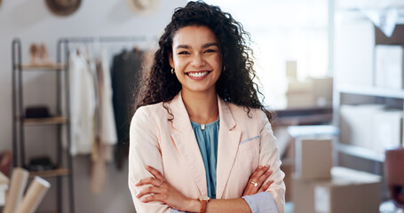 Portrait, small business or woman with arms crossed, fashion company or designer with supply chain....