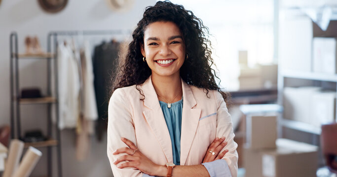 Portrait, small business or woman with arms crossed, fashion company or designer with supply chain. Face, person or entrepreneur with smile, confidence or logistics with textile workshop or pride - Powered by Adobe