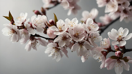 Pink spring cherry blossom flowers on a tree branch isolated against a flat background