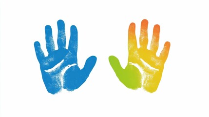 Obraz premium Colorful blue and yellow handprints on white background