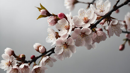 Pink spring cherry blossom flowers on a tree branch isolated against a flat background