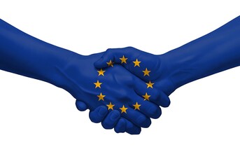 Two blue hands shaking painted in European Union flag colors with yellow stars on white background, concept of unity, diplomacy, international partnership, politics and cooperation with copy space