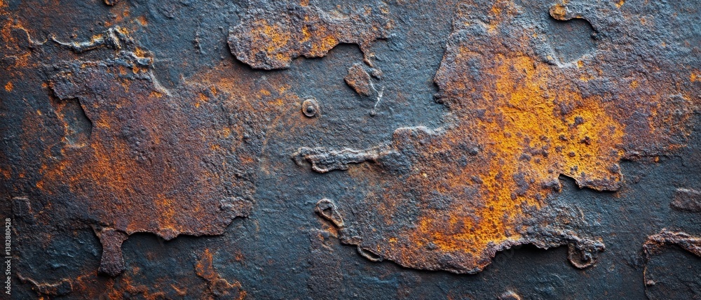 Poster detailed macro shot of a weathered metallic surface with deep rust and oxidation textures creating a