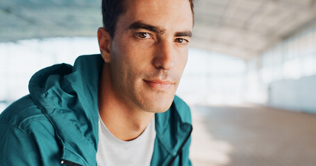 Confident coach, swimming pool or portrait of man with guidance for exercise program. Gym teacher, indoor facility and proud personal trainer in fitness center for wellness or training performance