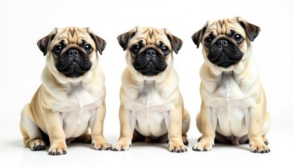 Fototapeta premium Single pug poses, isolated on pure white backdrop Close-up shot, dog, dog breed