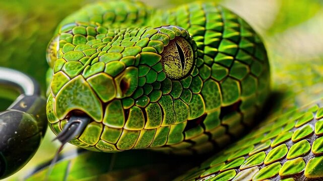 The green tree python rests on a branch, its striking green scales reflecting sunlight, while its tongue flicks out, exploring the surroundings in a rich, tropical habitat.
