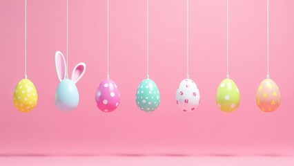 Colorful Easter eggs and blue Easter egg with bunny ears hang on strings against a pink background.