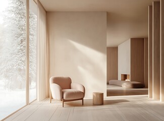 3D rendering of an interior design mockup, a minimalistic living room with a light pink armchair  wall