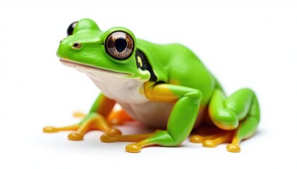 Naklejka premium Single vibrant green frog, against pure white, isolated, frog