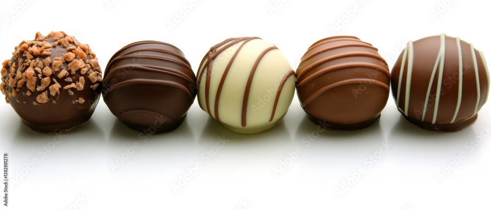 Poster exquisite chocolate truffle assortment displayed in a row on a white surface capturing the rich colo