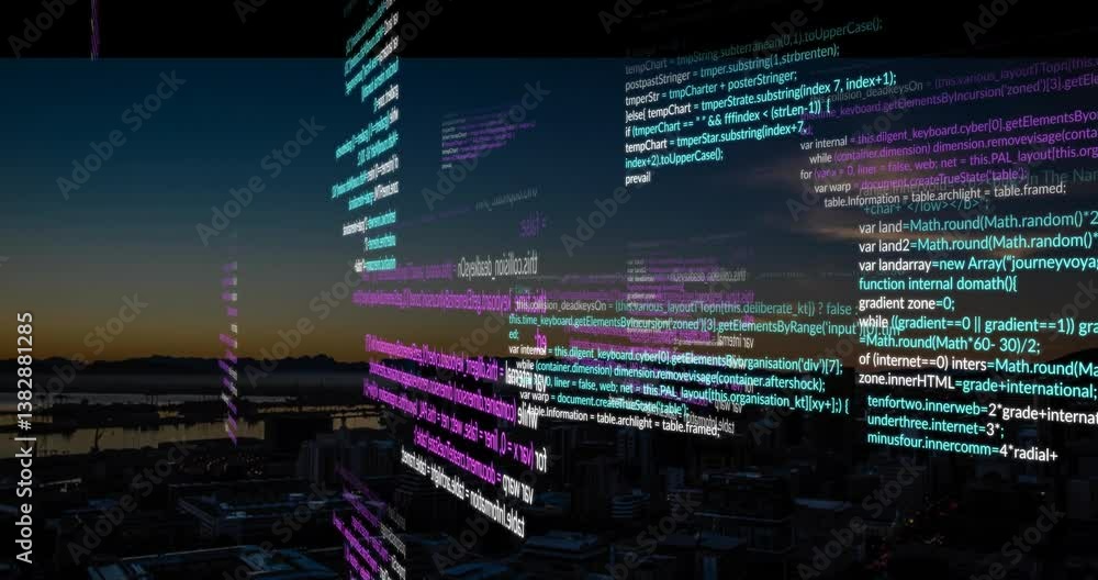 Poster cityscape at dusk with colorful programming code animation showcasing technology theme