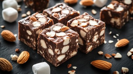 Delicious Homemade Rocky Road Fudge with Almonds and Marshmallows on Black Slate a Sweet Treat Perfect for Dessert