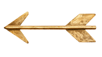 Golden symmetrical arrow design isolated on black background, cut out transparent