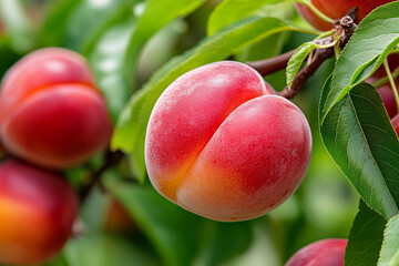 Close-up view of a ripe nectarine on a branch, showcasing its vibrant color and texture under sunlight