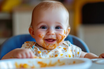 Generative AI image of a cute baby eating food in a highchair with a messy and funny expression