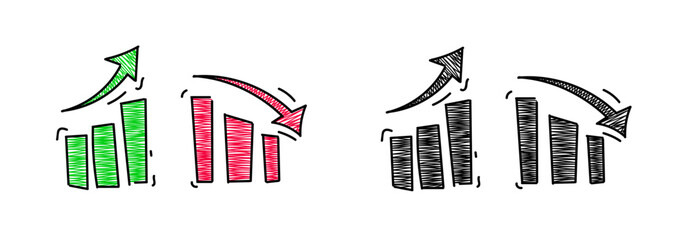 Doodle arrow up and down infographic. Cartoon infographic growth and decline icons. Hand drawn arrow up and down line and line style symbols. Stock vector illustration