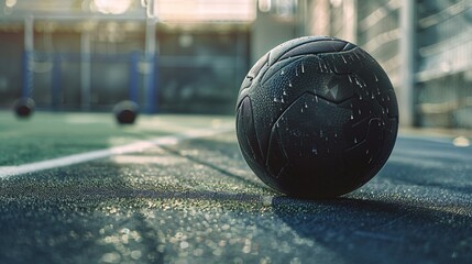 Black medicine ball with water droplets on wet turf at urban sports field