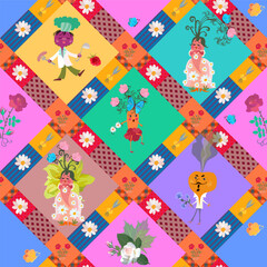 Funny patchwork pattern for kids with cute cartoon characters - vegetables carrots, turnips and beets. Seamless print for blanket, tablecloth, curtain.