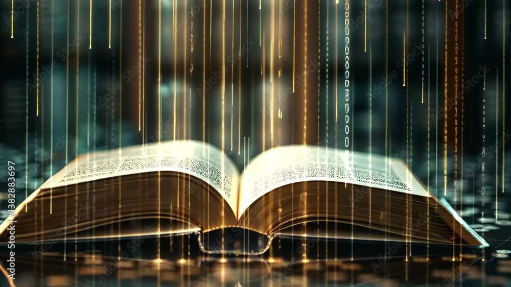 Poster an open book hovers above a reflective surface, emitting streams of glowing data symbols in a dimly 