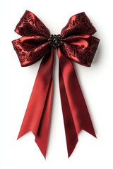 Elegant crimson bow with intricate floral details and satin ribbon on a pristine white background creating a sophisticated and festive mood