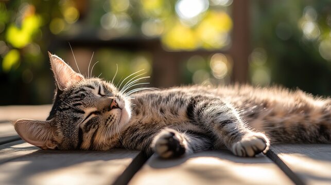 A cat lazily stretching out under the sun on a wooden deck, soaking up the warmth