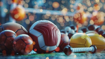 Various sports balls scattered on grass with stadium lights in the background, slightly blurred