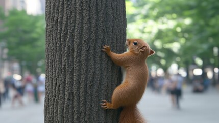Squirrel climbing tree trunk in park with blurred background