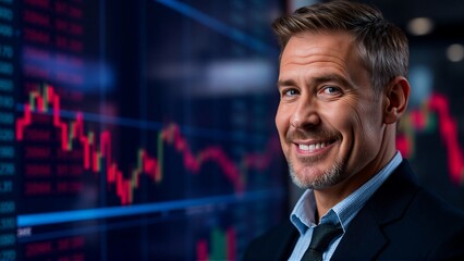 Fototapeta premium A smiling businessman in a suit confidently poses in front of a monitor displaying dynamic stock market charts. Finance and investment are visualized.