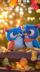 Colorful plush owls among autumn leaves in sunlit forest