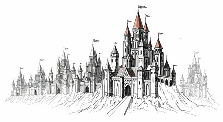 Fototapeta premium Detailed Castle Sketch on Hills with Multiple Towers and Flags