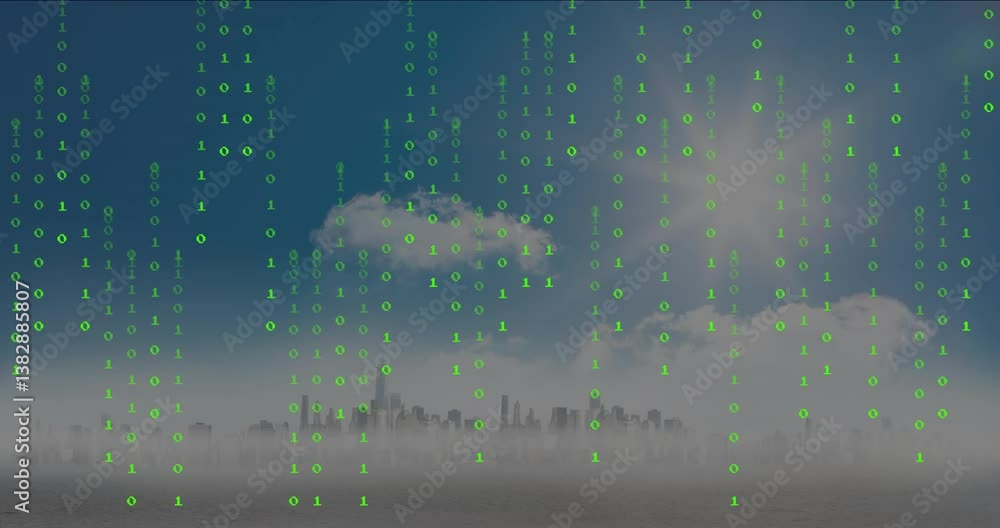 Poster city skyline under clear sky with binary code animation overlay