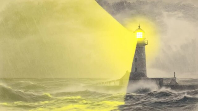 animation of a sketch lighthouse lighting in a storm with rain and big waves video